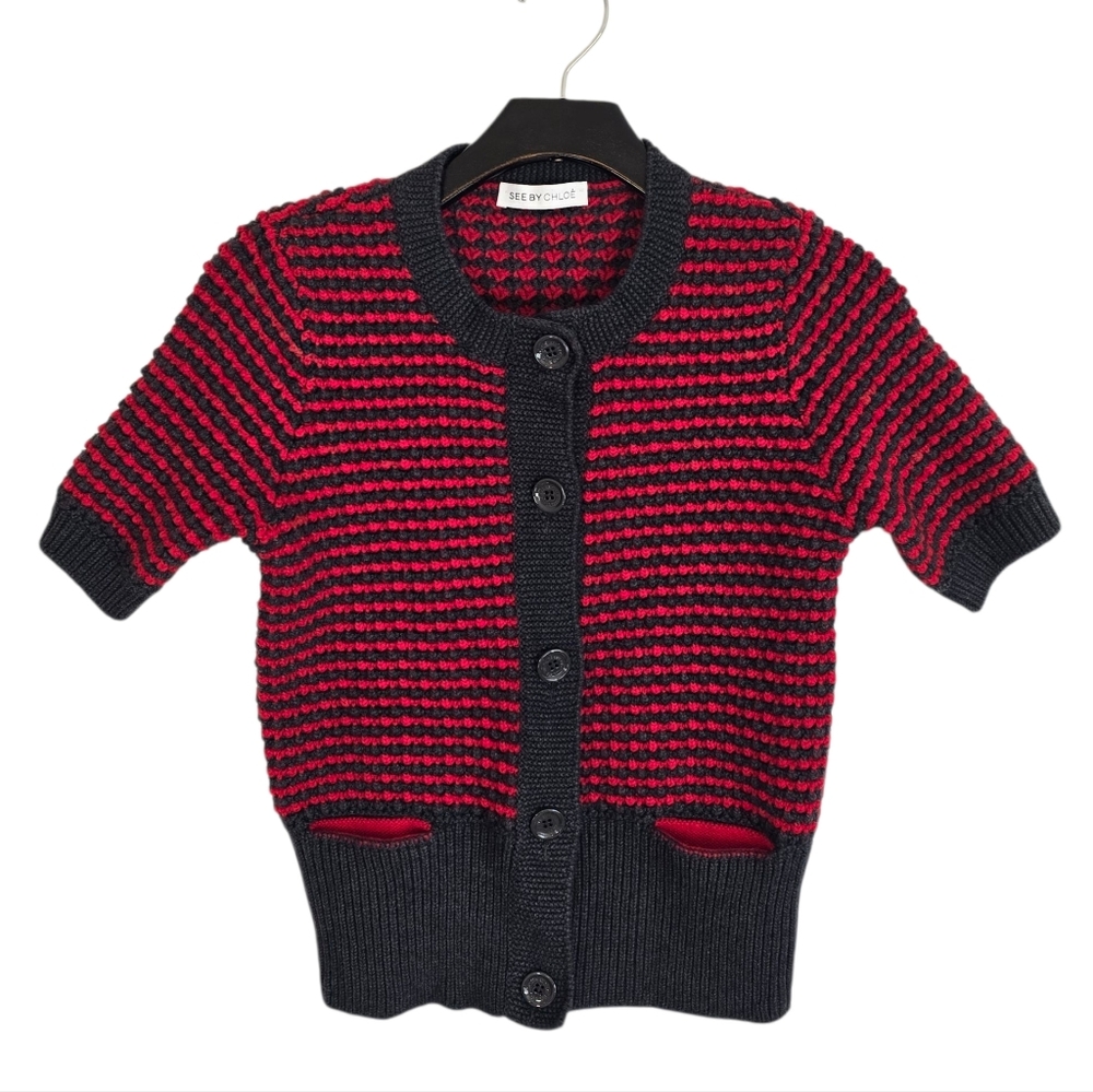 See By Chloe Red Gray Cropped Cardigan Sweater 6